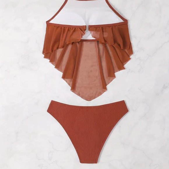 Caramel Solid Color Two Piece Bikini Sets Swimsuit, Halter Neck High Waist - Picture 9 of 10